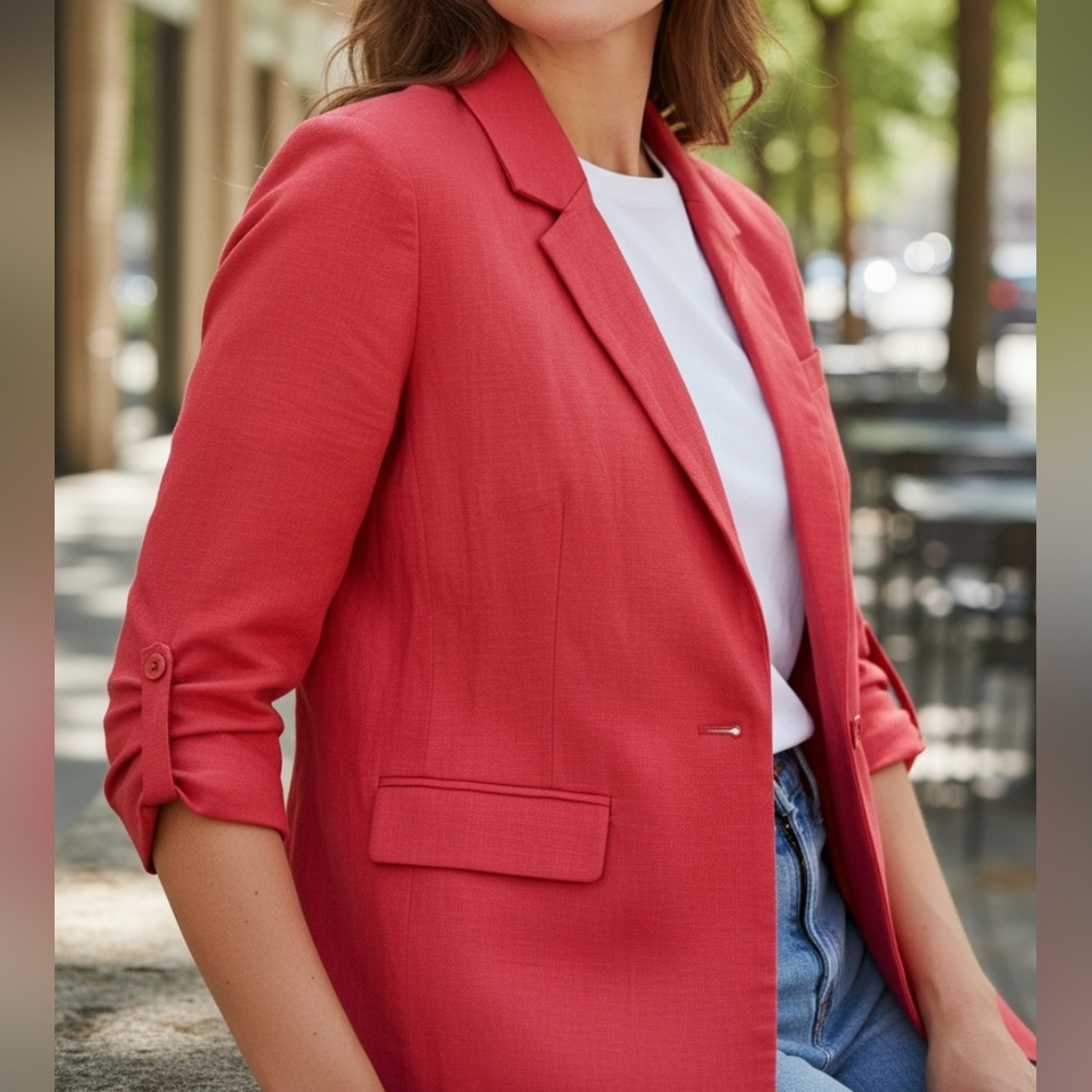 COLDWATER CREEK | Heathered Red Linen Blend Short Ruched Sleeve Lined Blazer | L